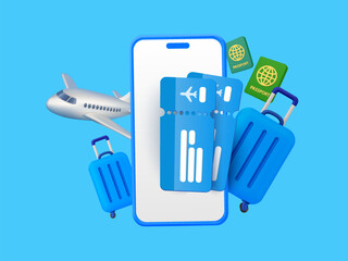 3d travel background template with airplane, smartphone, luggage and passports, isolated on background. 3d travel banner. Vector illustration