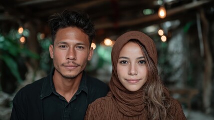 A young couple smiles warmly in a nature-filled environment, showcasing their connection and shared happiness amidst a lush, green backdrop.