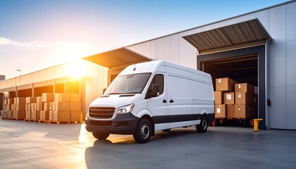Delivery van loading at warehouse dock with cargo boxes, logistics, and sunset scene.