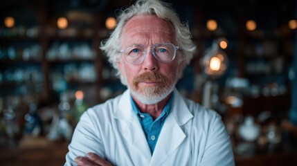 An elderly scientist with a thoughtful expression stands confidently in a laboratory setting, encapsulating wisdom and dedication to discovery and research in science.