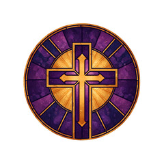 stained glass christian cross window - illustration with purple and gold tones on transparent background, ideal for church print materials, religious websites, or spiritual design projects