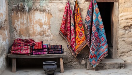 Old Village Courtyard with Colorful Red and Blue Tapestries Hanging on Clotheslines, Wooden Bench, and Warm Clay Stove