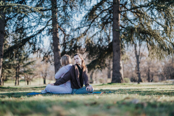 Two people seated back-to-back in a relaxing park environment, engaging in meditative exercise surrounded by nature and open space under the calming shade of tall trees.