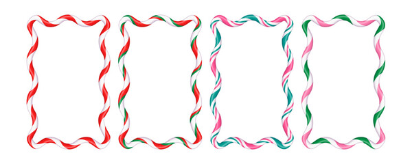 Christmas wavy frames in the form of sugar toast. Christmas striped lollipops to decorate the text. Christmas design elements. Isolated vector illustration on white background.