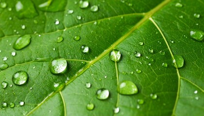 Fresh Green Leaf Adorned with Sparkling Raindrops: A Macro View of Nature's Beauty and Renewal.