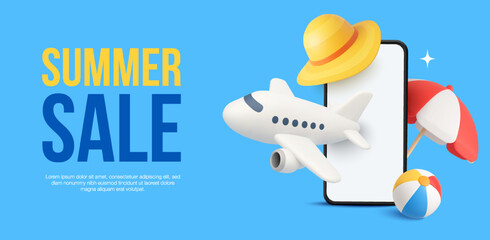 3d travel banner template with mobile phone, beach hat, umbrella and pool ball, airplane isolated on background. Summer sale background in 3d vector. Vector illustration