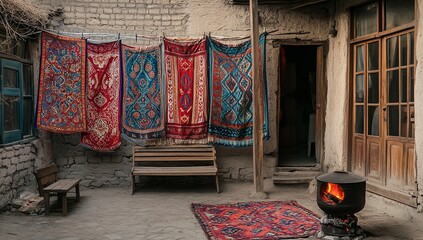 Old Village Courtyard with Colorful Red and Blue Tapestries Hanging on Clotheslines, Wooden Bench, and Warm Clay Stove