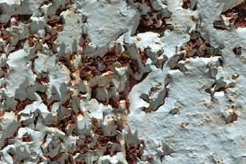 vista macro frontale della superficie metallica di una porta con la vernice vecchia in stato di...
