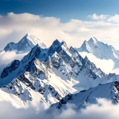 Majestic snowy mountains rise above a sea of clouds on a clear day, creating a serene, alpine vista.