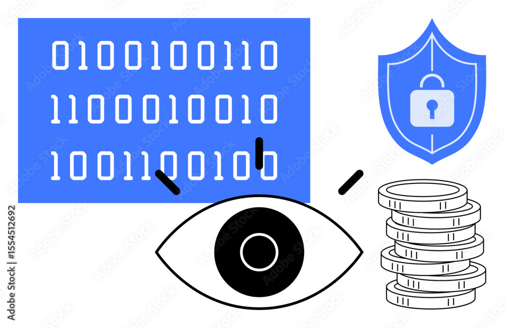 Poster binary code, eye, shield with lock, and coin stack emphasize data protection, cybersecurity. ideal f