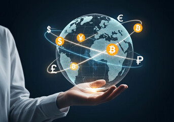  hand holds a digital globe with bitcoin symbols orbiting it, representing global finance