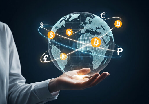  hand holds a digital globe with bitcoin symbols orbiting it, representing global finance - Powered by Adobe