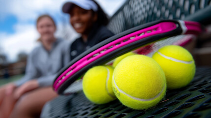 Tennis Equipment and Girls Chatting on a Bench