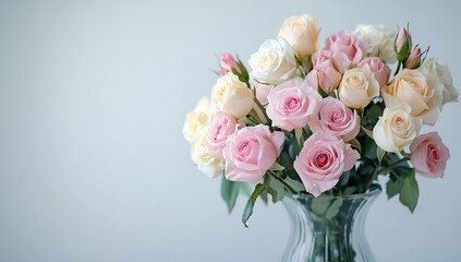 Obraz premium Clear Glass Vase with Soft Pastel Roses and Ranunculus Against White Wall – Minimalist Floral Arrangement