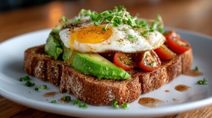 A mouthwatering plate of avocado toast topped with a perfectly fried egg, garnished with cherry tomatoes and microgreens, creating a beautiful and appetizing breakfast dish full of flavor.