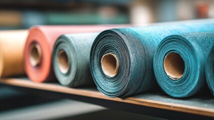 Rolls of colorful fabric or material are stacked on a shelf indoors.