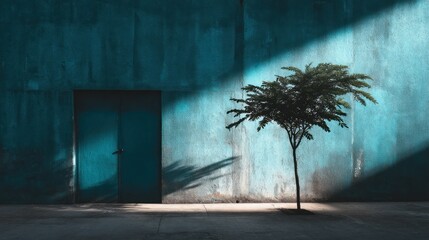 Small tree stands against a blue wall with a door and sunlight.