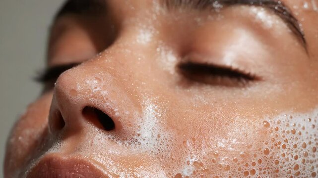 Close-Up Video of Facial Cleansing Foam Bubbles During Skincare Routine for Beauty and Hygiene Promotion