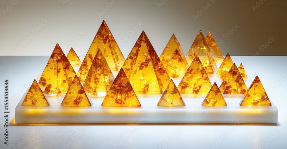 Poster Pyramidal structures glow warmly. Amber tones dominate composition, resting upon bright white surface. Light emanates from within forms.