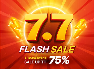3d 7 and 7 flash sale banner template with July seventh, thunder bolt icon, isolated on red background with light effect. Vector illustration