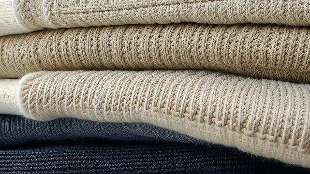Hand knitted sweaters stacked neatly, creating a cozy and seasons atmosphere, perfect for inviting colder the