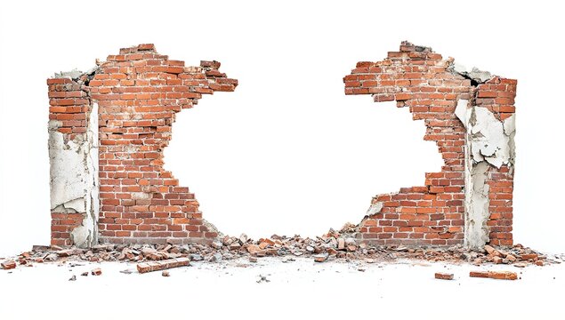 Brick Wall with Two Large Holes on Either Side and Broken Bricks Scattered Against White Background
