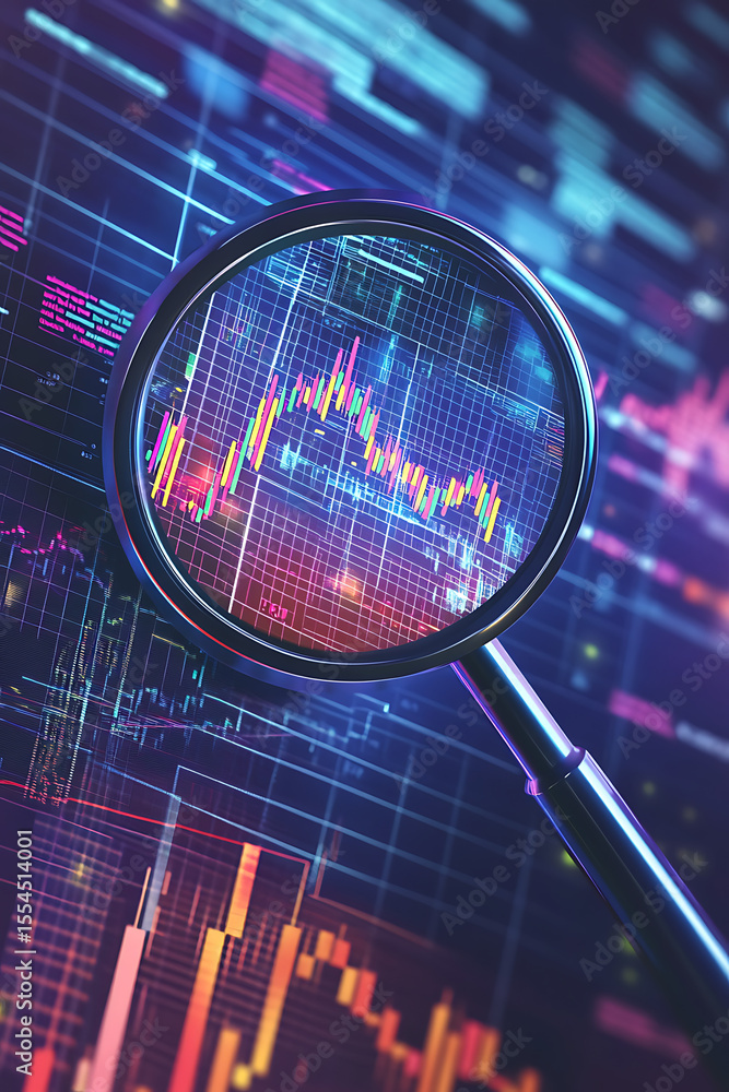 Poster close-up view of a magnifying glass focusing on colorful data graphs and charts, showcasing analysis