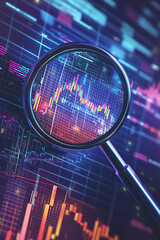 Close-up view of a magnifying glass focusing on colorful data graphs and charts, showcasing analysis