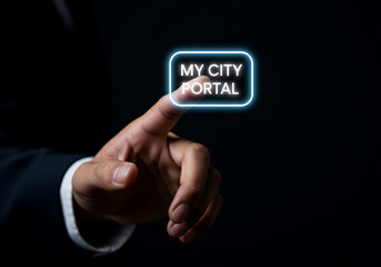 hand points to a my city portal button on a screen