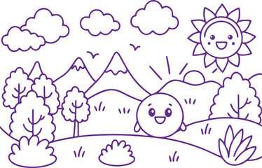 Nature Scene with Mountains and Sun – Landscape, Trees, Hill, River, Sky, Clouds