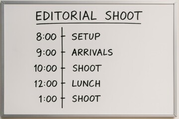 Editorial shoot timeline schedule hand written on a whiteboard, planning out setup, arrivals, shoot, lunch, and shoot