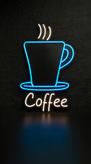 Neon sign in the form of a cup and Coffee inscription, glowing in the dark for cafe decor and atmosphere