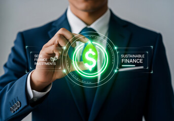 Photo of a businessman holds a sustainable finance icon