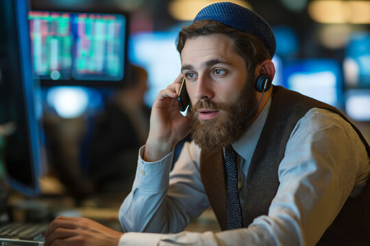 Jewish business trader engaged in a phone conversation while analyzing market trends at a bustling financial center during work hours