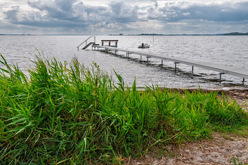 Calm afternoon by the sea featuring a wooden dock extending into the water, surrounded by lush...