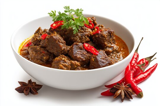 Slow-cooked beef rendang with coconut milk and spices served on a white bowl with red chilies and garnish
