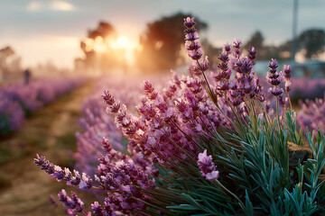 Field of purple flowers with a sun in the background