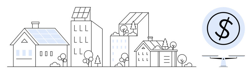 Residential and commercial buildings with rooftop solar panels, trees, dollar sign on balance scale. Ideal for renewable energy, eco-living, green technology, home savings, urban planning