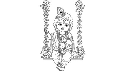 Adorable baby krishna sitting on a swing decorated with flowers isolated on transparent background