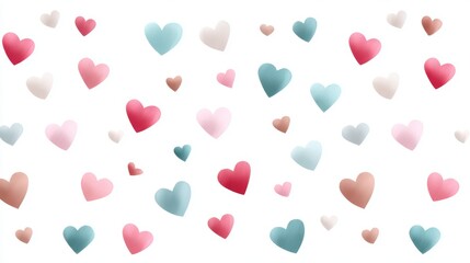 Seamless pattern of small pastel colored hearts scattered across a clean white background in a soft romantic mood