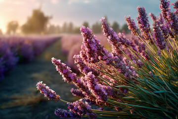 Field of purple flowers with a sun in the background