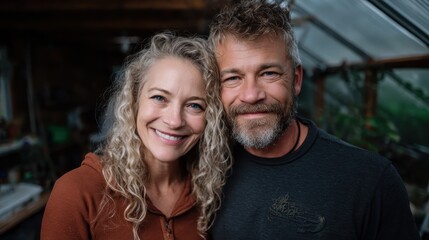 A cheerful couple poses closely, sharing genuine smiles, in a warm and inviting indoor setting filled with plants, showcasing love and connection in an intimate space.