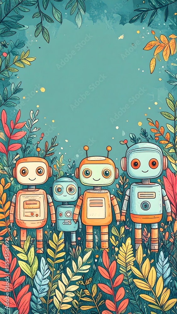 Poster playful scene of three robots exploring a forest in a hand-drawn doodle style with gentle lines