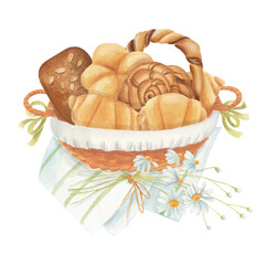Watercolor food illustration of wicker basket filled with pastries: croissants, buns, and bread on striped napkin with bunch of daisies. Good for bakery packaging, recipe books or rustic kitchen decor