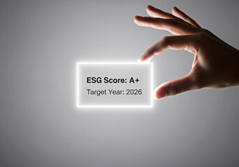 a hand holds a glowing card showing an esg score of a with a 2026 target