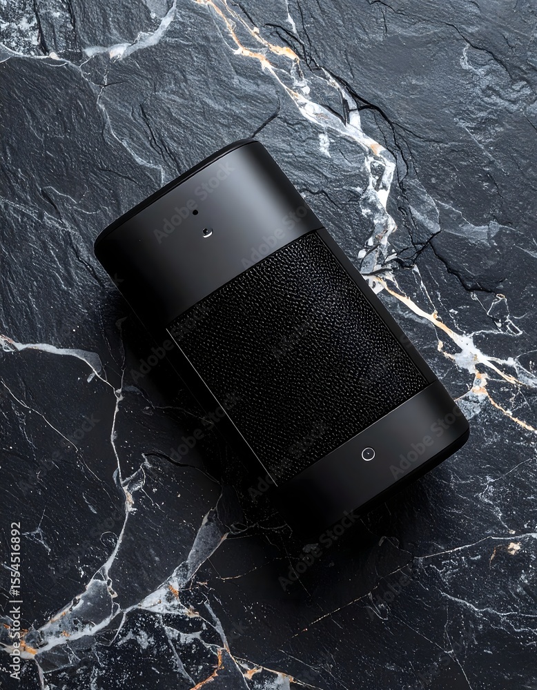 Poster elegant flat lay of bluetooth speaker on dark marble surface with diffused glow and texture