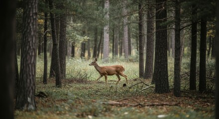 Young deer walking through a dense coniferous forest on a cloudy day