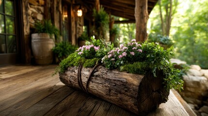 A beautifully arranged floral centerpiece combines pink flowers and lush greenery on a rustic log, placed in a tranquil outdoor setting, celebrating harmony with nature.