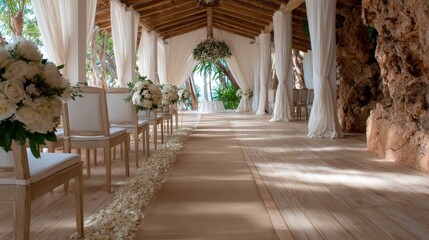 A breathtaking wedding decor set beneath a natural canopy, filled with elegant floral arrangements, creating a romantic and idyllic atmosphere for couples in love.