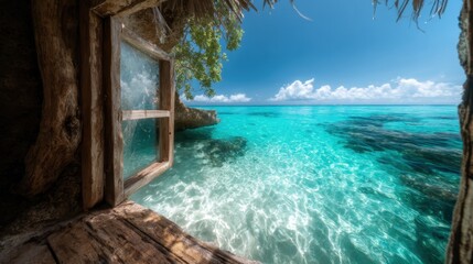 A stunning view of pristine turquoise waters visible through a rustic wooden window, invoking a sense of peace and inviting imagination of tranquil seaside adventures.